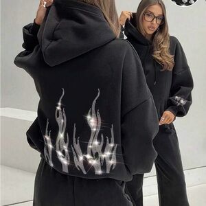 SHEIN Black Rhinestone Flame Hoodie